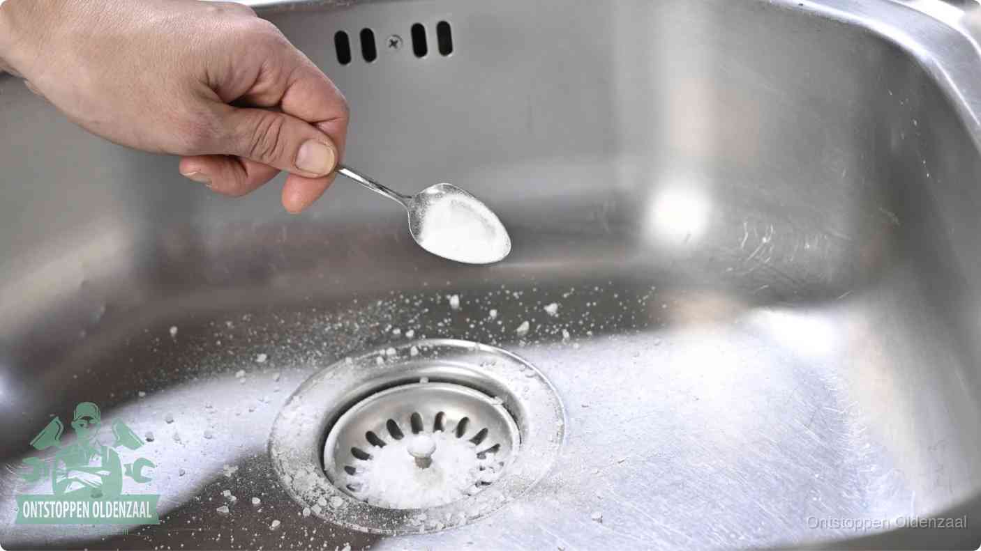 Hand strooit soda in de afvoer, riool ontstoppen met soda en azijn in Oldenzaal