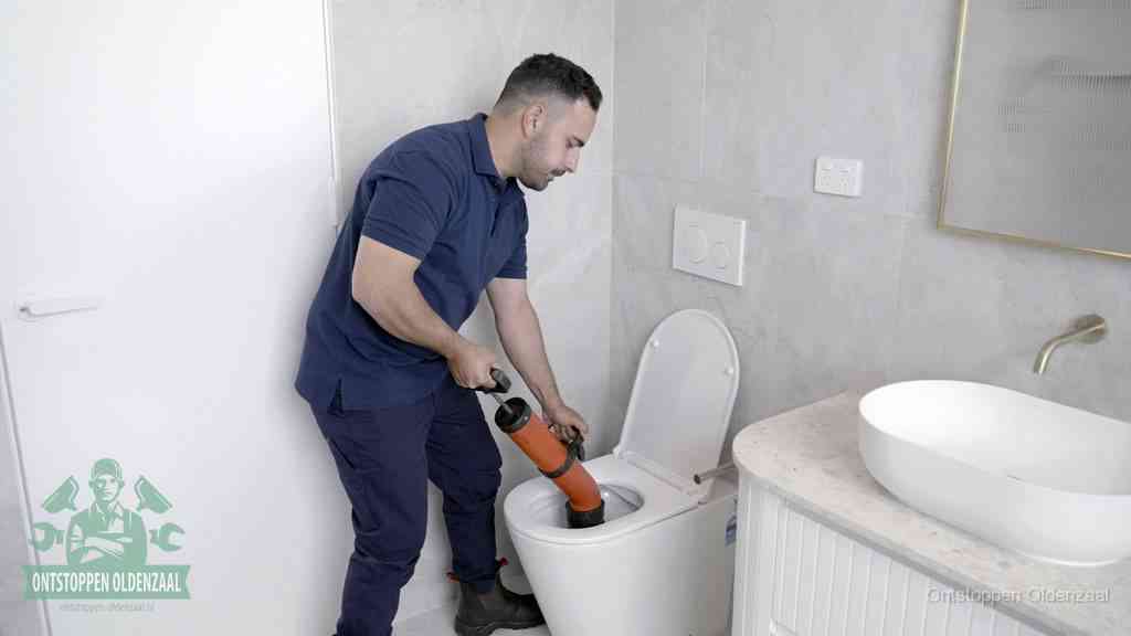 Een monteur gebruikt een handmatige perspomp (toiletontstopper) op een wandcloset tijdens het professioneel wc ontstoppen in Oldenzaal