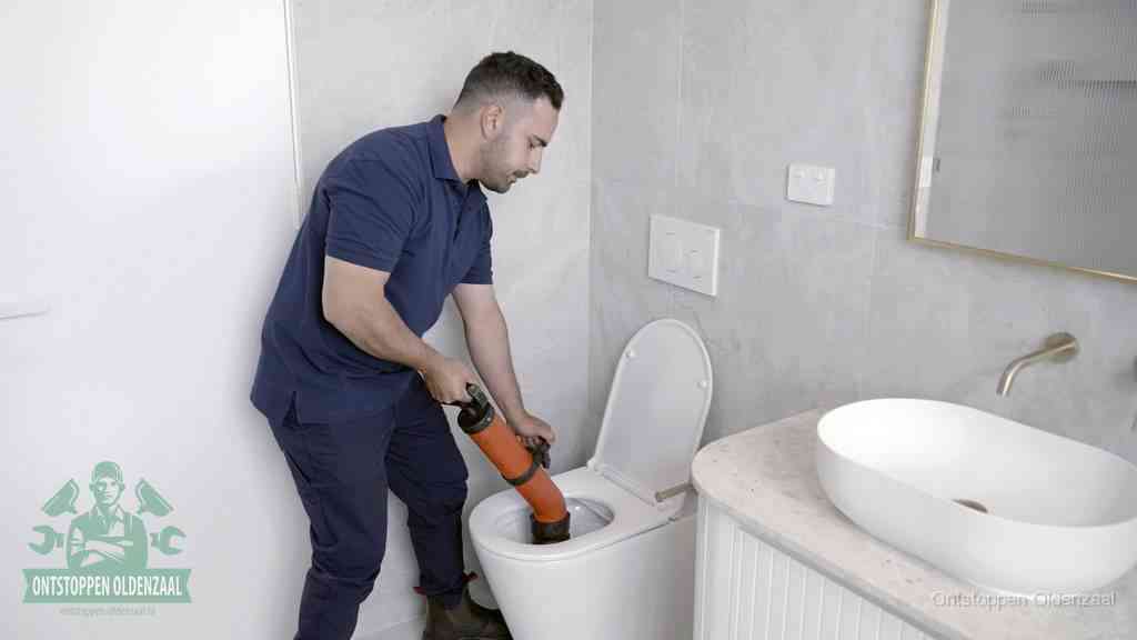 Een man gebruikt een handmatige luchtdruk-ontstopper in een modern betegeld toilet om zelf de wc te ontstoppen in Oldenzaal